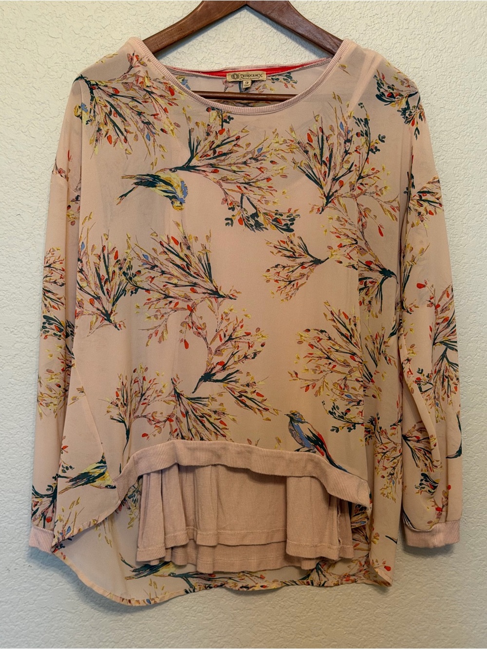 Democracy Pink/Peach Floral Bird Print Long Sleeve Two Piece Blouse Top Medium - Picture 1 of 14